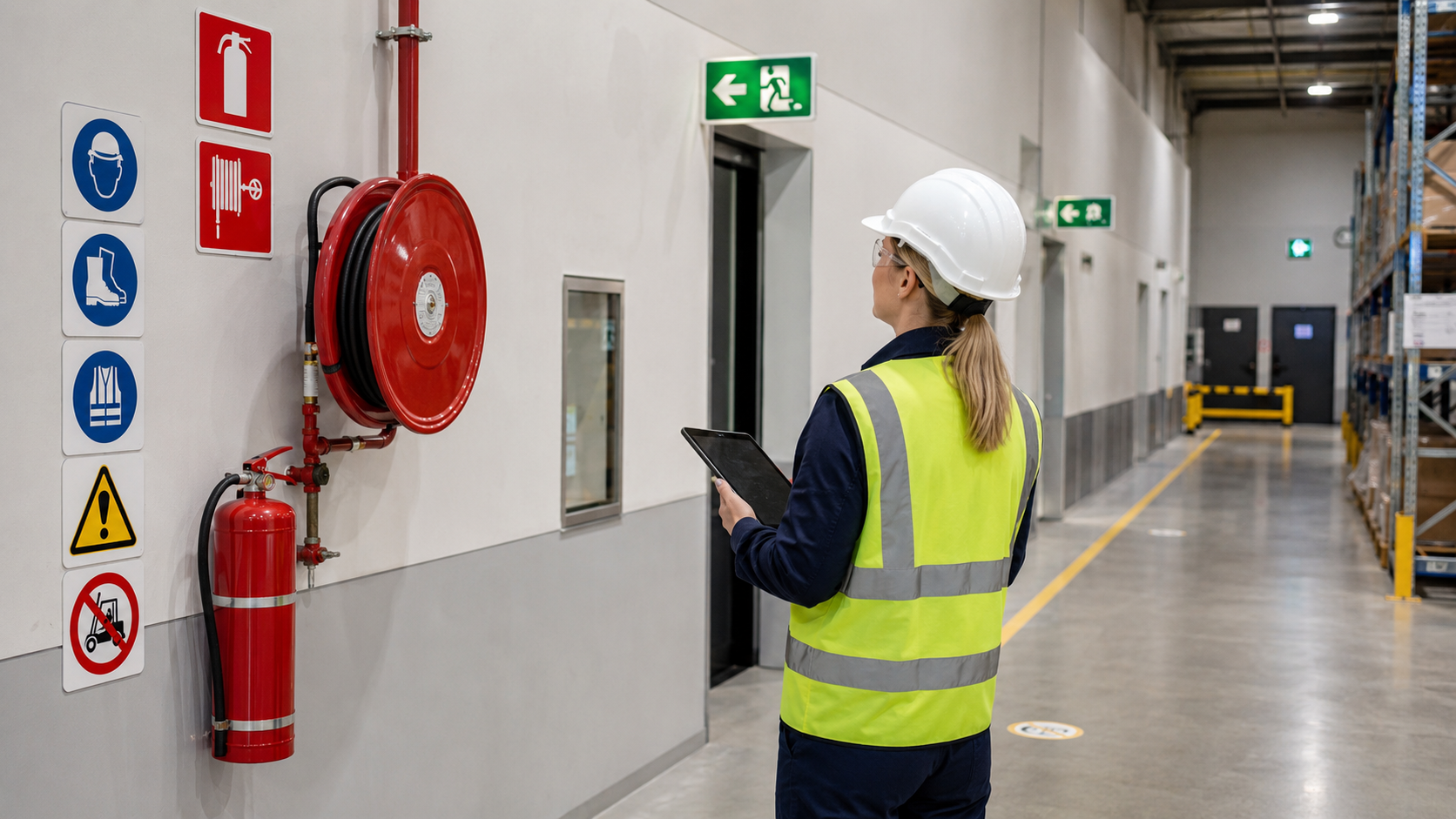 Safety signs placed at a warehouse entrance to ensure clear communication of site hazards and PPE requirements.