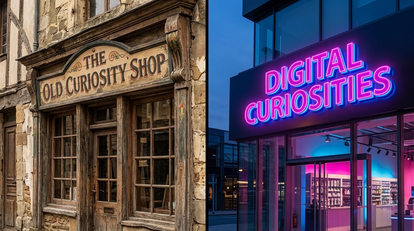 Side-by-side comparison of a brightly glowing LED illuminated store sign